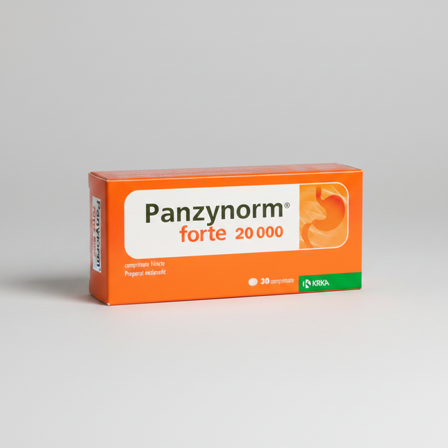 Panzynorm Forte 20000 (Панзинорм Форте 20000) is a high-strength digestive enzyme supplement containing pancreatin. It supports proper digestion of proteins, fats, and carbohydrates, helping relieve symptoms of enzyme insufficiency such as bloating, heaviness after meals, gas, and discomfort.
It is commonly used when the body does not produce enough pancreatic enzymes — including during chronic pancreatitis, digestive disorders, or after heavy meals.

