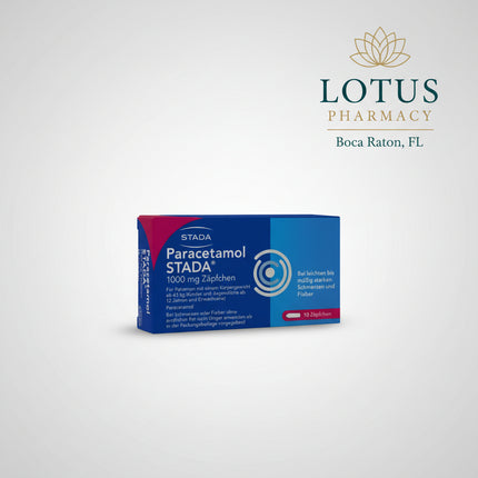 Paracetamol STADA 1000 mg Suppositories are a German analgesic and antipyretic medicine containing paracetamol 1000 mg per suppository. They are used for the symptomatic treatment of mild to moderate pain, such as headache, toothache, menstrual pain, and body aches, as well as fever.
