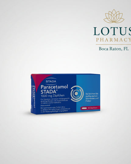 Paracetamol STADA 1000 mg Suppositories are a German analgesic and antipyretic medicine containing paracetamol 1000 mg per suppository. They are used for the symptomatic treatment of mild to moderate pain, such as headache, toothache, menstrual pain, and body aches, as well as fever.
