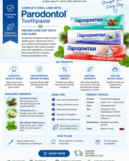 A promotional infographic for Lotus Pharmacy's Parodontol Toothpaste in Russian, featuring product details, benefits, usage instructions, and brand logos on a white background with green and red accents.