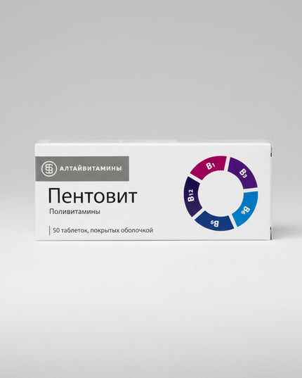 Pentovit® Tablets are a vitamin B-complex supplement formulated to support the normal function of the central and peripheral nervous system. Each tablet contains a balanced combination of Vitamin B1, Vitamin B6, Vitamin B12, Folic Acid, and Nicotinamide (Vitamin PP/B3) to help maintain healthy nerve function, support energy metabolism, and reduce symptoms associated with B-vitamin deficiency.