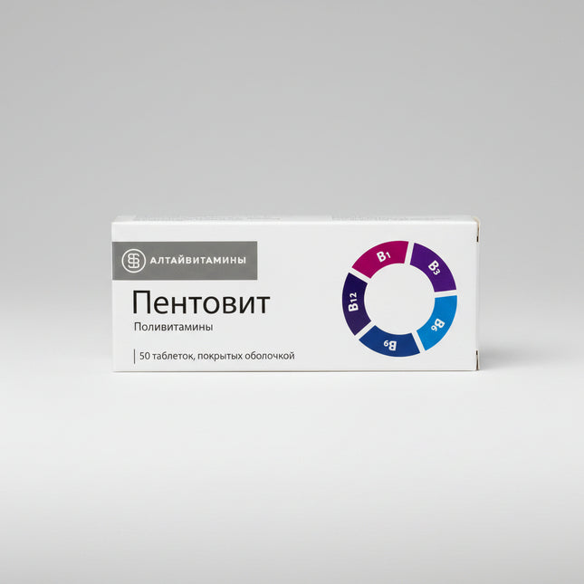 Pentovit® Tablets are a vitamin B-complex supplement formulated to support the normal function of the central and peripheral nervous system. Each tablet contains a balanced combination of Vitamin B1, Vitamin B6, Vitamin B12, Folic Acid, and Nicotinamide (Vitamin PP/B3) to help maintain healthy nerve function, support energy metabolism, and reduce symptoms associated with B-vitamin deficiency.