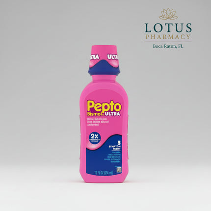 Pepto-Bismol Ultra is a&nbsp;2× more concentrated formula than regular Pepto-Bismol, providing the same digestive relief with half the liquid dose. It helps relieve five common digestive symptoms: nausea, heartburn, indigestion, upset stomach, and diarrhea.