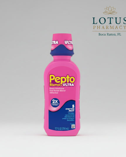 Pepto-Bismol Ultra is a&nbsp;2× more concentrated formula than regular Pepto-Bismol, providing the same digestive relief with half the liquid dose. It helps relieve five common digestive symptoms: nausea, heartburn, indigestion, upset stomach, and diarrhea.
