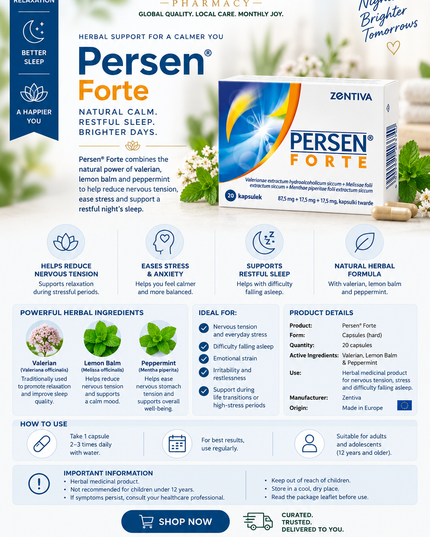 Persen® Forte – 20 Capsules | Valerian, Lemon Balm & Peppermint Herbal Medicine for Nervous Tension, Stress & Difficulty Falling Asleep