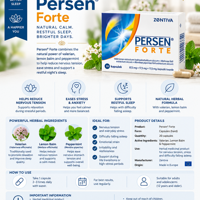 Persen® Forte – 20 Capsules | Valerian, Lemon Balm & Peppermint Herbal Medicine for Nervous Tension, Stress & Difficulty Falling Asleep