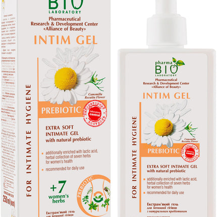 Pharma Bio Intim Gel packaging with daisy flower illustration on a white background