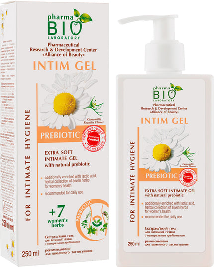 Pharma Bio Intim Gel packaging with daisy flower illustration on a white background