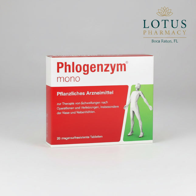 Phlogenzym® Mono is a German herbal medicinal product containing bromelain, a proteolytic enzyme derived from pineapple stems. It is used in adults and adolescents ages 12 and older for acute swelling following injuries or surgical procedures, particularly swelling involving the nose and sinuses.

Each enteric-coated tablet contains 120–136 mg of bromelain, standardized to 800 F.I.P. units. The enteric coating helps protect the enzyme as the tablet passes through the stomach.