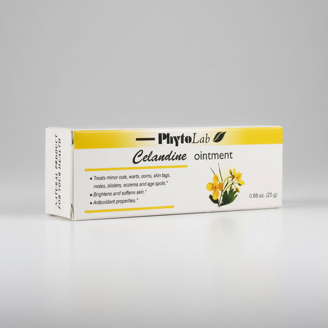 PhytoLab® Celandine Ointment is a natural herbal skin care ointment formulated with celandine extract, olive oil, and beeswax to help nourish, soften, and protect the skin. Traditionally, celandine (Chelidonium majus) has been used in herbal skin care to support healthy skin and provide soothing care for rough, dry, and irritated areas. The ointment is suitable for daily topical use on intact skin.