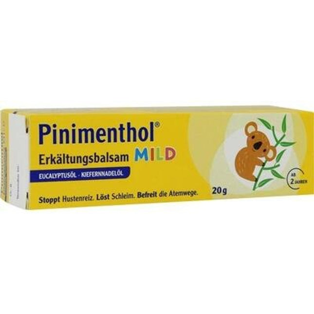 Pinimenthol balm packaging with yellow and white design on a white background