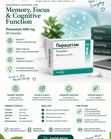 Nootropic Support for Memory, Focus & Cognitive Function |Piracetam 400 mg Capsules – 60 Capsules
