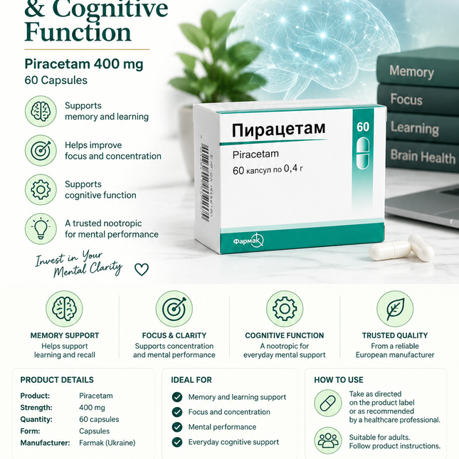 Nootropic Support for Memory, Focus & Cognitive Function |Piracetam 400 mg Capsules – 60 Capsules