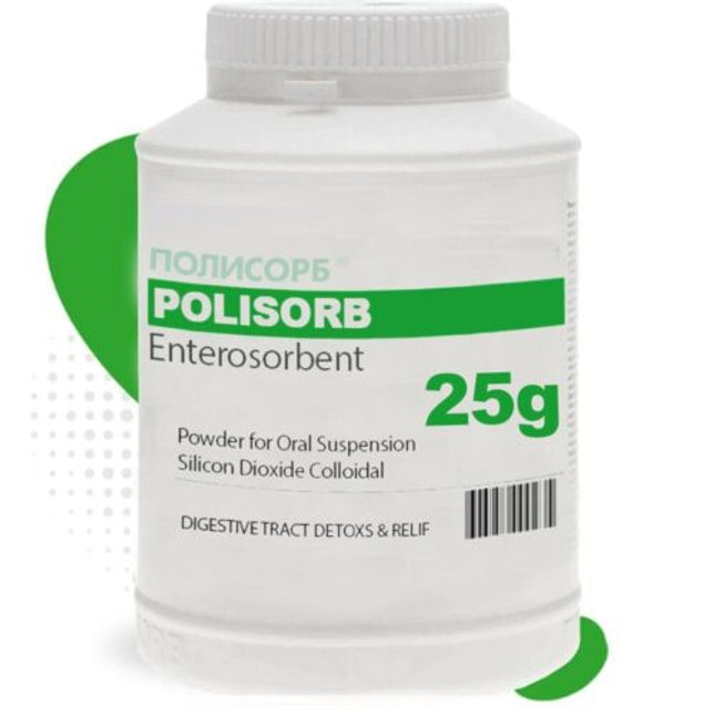 White container of Polisorb Enterosorbent with green label on a white background