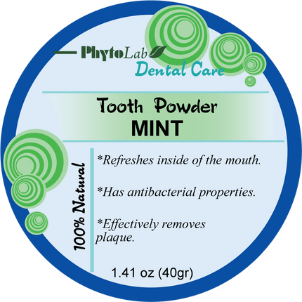 Label for PhytoLab Dental Care Tooth Powder Mint on a white background