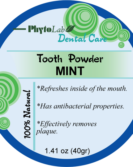 Label for PhytoLab Dental Care Tooth Powder Mint on a white background