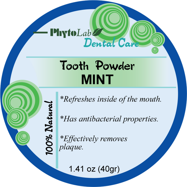 Label for PhytoLab Dental Care Tooth Powder Mint on a white background