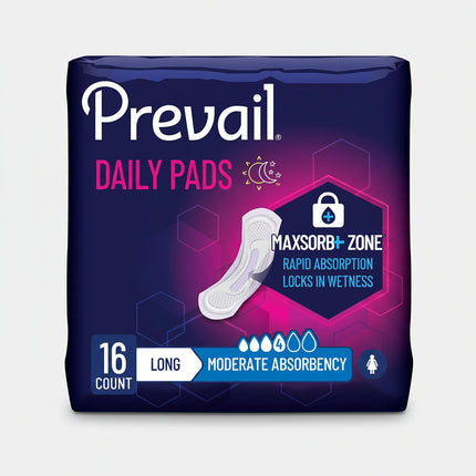 Prevail® Daily Pads for Bladder Leaks provide discreet, comfortable protection for moderate urinary leakage. Designed specifically for bladder control needs, these long absorbent pads help capture and lock away moisture while providing dependable everyday protection.