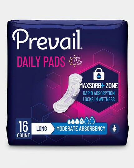 Prevail® Daily Pads for Bladder Leaks provide discreet, comfortable protection for moderate urinary leakage. Designed specifically for bladder control needs, these long absorbent pads help capture and lock away moisture while providing dependable everyday protection.