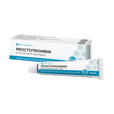 Box and tube of Proctotrombin on a white background