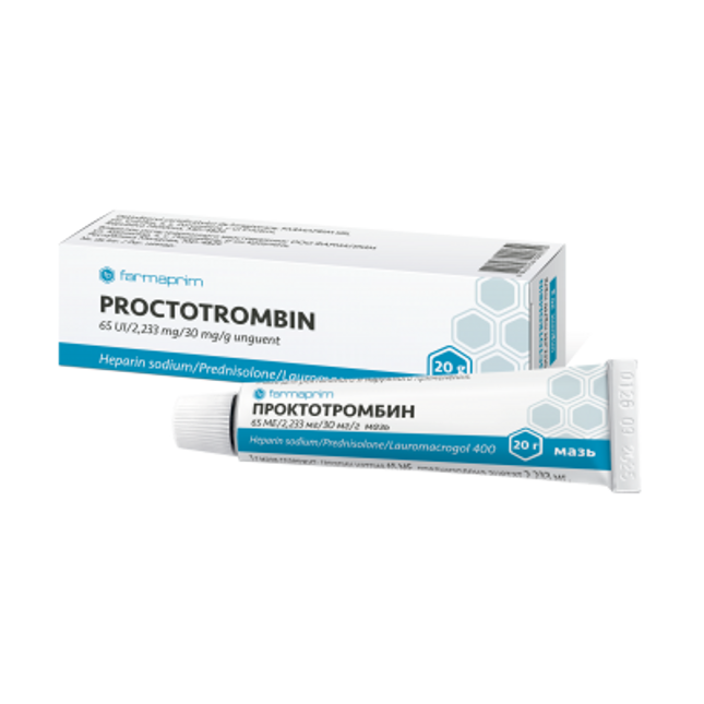 Box and tube of Proctotrombin on a white background