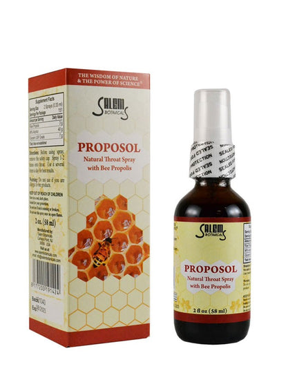Salem Proposol natural throat spray bottle and packaging on a white background