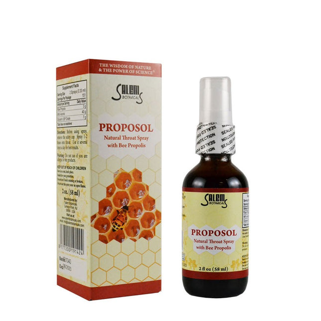 Salem Proposol natural throat spray bottle and packaging on a white background