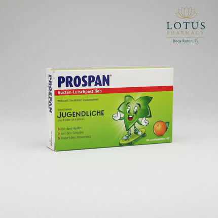 Prospan Cough Lozenges are herbal throat pastilles formulated with&nbsp;ivy leaf extract (Hedera helix) to support respiratory comfort. The orange-flavored lozenges help soothe throat irritation and promote mucus clearance, making them suitable for use during seasonal cough and bronchial discomfort.