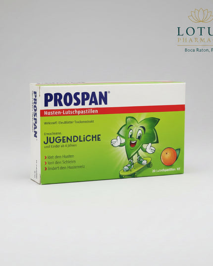 Prospan Cough Lozenges are herbal throat pastilles formulated with&nbsp;ivy leaf extract (Hedera helix) to support respiratory comfort. The orange-flavored lozenges help soothe throat irritation and promote mucus clearance, making them suitable for use during seasonal cough and bronchial discomfort.
