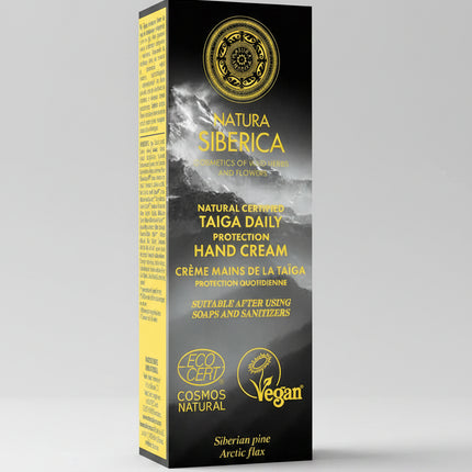 Protect your hands every day with Taiga Daily Protection Hand Cream. This lightweight yet nourishing cream provides intensive hydration while helping protect the skin from dryness, wind, cold, and other environmental stressors. Formulated with wild Siberian Pine extract, organic Arctic flax seed oil, and Vitamin E, it softens rough skin, supports the skin's natural protective barrier, and leaves hands feeling smooth without a greasy finish. It is also suitable for daily nail care.