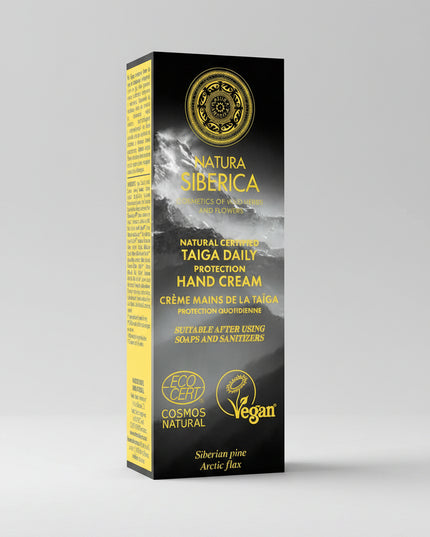 Protect your hands every day with Taiga Daily Protection Hand Cream. This lightweight yet nourishing cream provides intensive hydration while helping protect the skin from dryness, wind, cold, and other environmental stressors. Formulated with wild Siberian Pine extract, organic Arctic flax seed oil, and Vitamin E, it softens rough skin, supports the skin's natural protective barrier, and leaves hands feeling smooth without a greasy finish. It is also suitable for daily nail care.