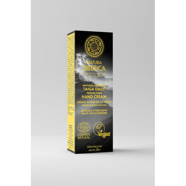 Protect your hands every day with Taiga Daily Protection Hand Cream. This lightweight yet nourishing cream provides intensive hydration while helping protect the skin from dryness, wind, cold, and other environmental stressors. Formulated with wild Siberian Pine extract, organic Arctic flax seed oil, and Vitamin E, it softens rough skin, supports the skin's natural protective barrier, and leaves hands feeling smooth without a greasy finish. It is also suitable for daily nail care.