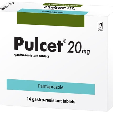 Box of Pulcet 20mg gastro-resistant tablets with branding on a white background