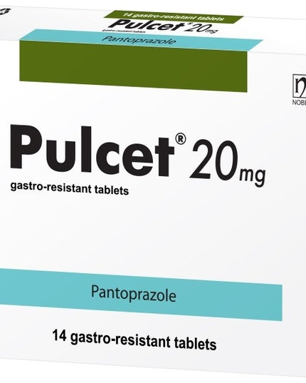 Box of Pulcet 20mg gastro-resistant tablets with branding on a white background