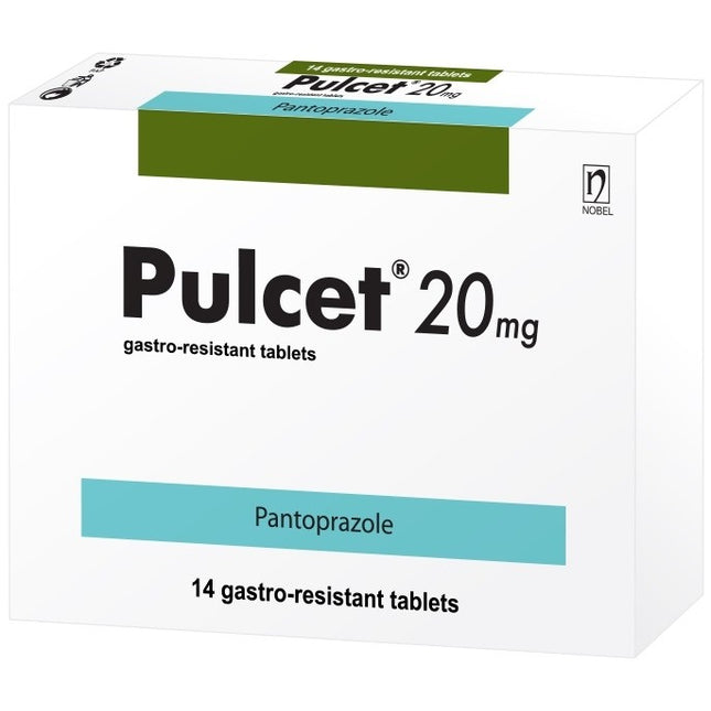 Box of Pulcet 20mg gastro-resistant tablets with branding on a white background