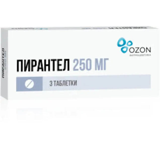 A box of Pyrantel 250mg medication with Russian text indicating it contains 3 tablets.