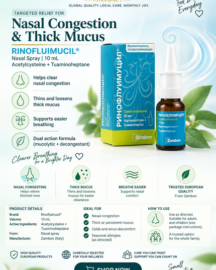 Nasal Congestion & Thick Mucus |Rinofluimucil® Nasal Spray – 10 mL | Acetylcysteine + Tuaminoheptane