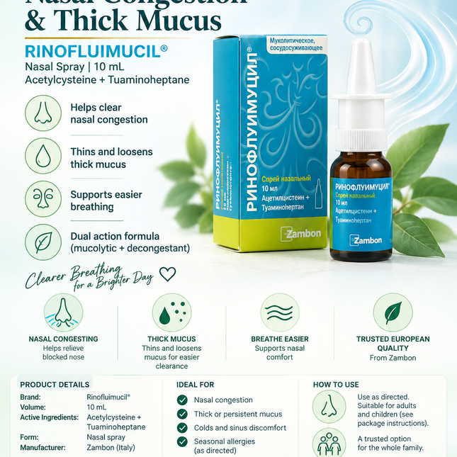 Nasal Congestion & Thick Mucus |Rinofluimucil® Nasal Spray – 10 mL | Acetylcysteine + Tuaminoheptane
