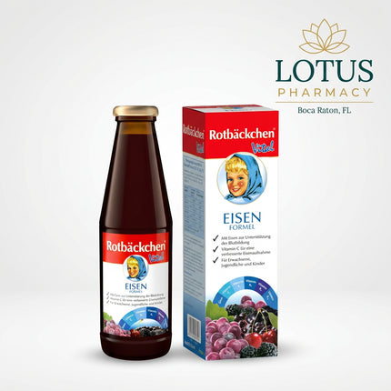 Rabenhorst Rotbäckchen Vital Eisen Formel is a German fruit juice blend enriched with iron, vitamin C, vitamin B6, and vitamin B12. It is designed to support normal blood formation, energy metabolism, and reduction of tiredness and fatigue.