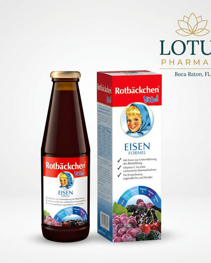 Rabenhorst Rotbäckchen Vital Eisen Formel is a German fruit juice blend enriched with iron, vitamin C, vitamin B6, and vitamin B12. It is designed to support normal blood formation, energy metabolism, and reduction of tiredness and fatigue.