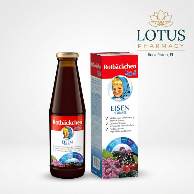 Rabenhorst Rotbäckchen Vital Eisen Formel is a German fruit juice blend enriched with iron, vitamin C, vitamin B6, and vitamin B12. It is designed to support normal blood formation, energy metabolism, and reduction of tiredness and fatigue.
