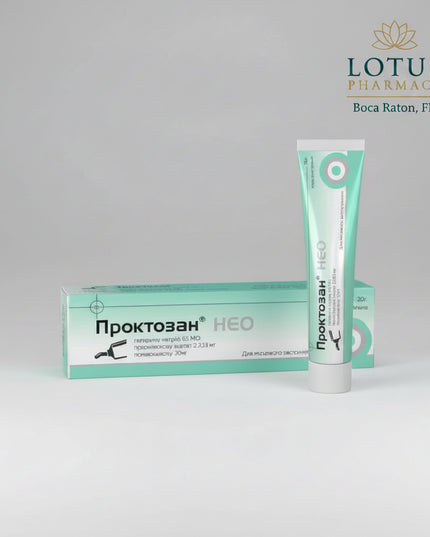 Rectal Care &amp; Hemorrhoid Relief Ointment Проктозан НЕО мазь — Proctosan Neo is a rectal ointment designed to help relieve discomfort associated with hemorrhoids and irritation of the anal area. The formula combines soothing and anti-inflammatory components that help reduce swelling, itching, and irritation while supporting the natural healing of sensitive tissues.
