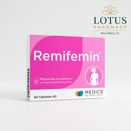 Remifemin® is a German herbal medicinal product for women experiencing menopausal symptoms, including hot flashes, excessive sweating, and sleep disturbances associated with menopause.

It contains a standardized dry extract of black cohosh (Cimicifuga racemosa) rhizome and is hormone-free. The product is intended for regular use, with the first therapeutic effects typically appearing after approximately 2 weeks.