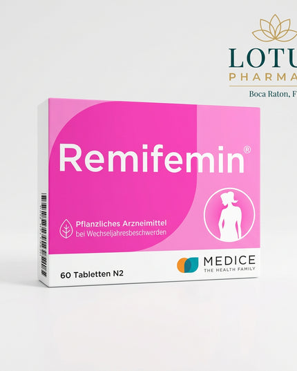 Remifemin® is a German herbal medicinal product for women experiencing menopausal symptoms, including hot flashes, excessive sweating, and sleep disturbances associated with menopause.

It contains a standardized dry extract of black cohosh (Cimicifuga racemosa) rhizome and is hormone-free. The product is intended for regular use, with the first therapeutic effects typically appearing after approximately 2 weeks.