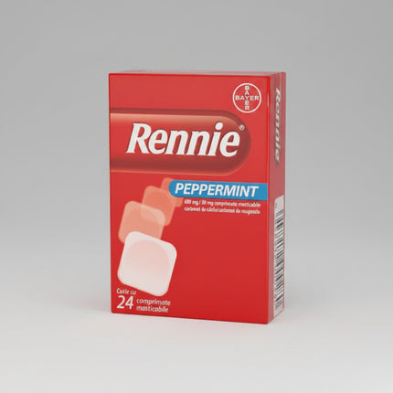 Rennie® Peppermint is a fast-acting antacid designed to relieve heartburn, acid indigestion, and stomach discomfort caused by excess gastric acid. The chewable tablets work by neutralizing stomach acid, helping to quickly reduce burning sensations and discomfort in the chest and upper abdomen.