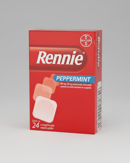 Rennie® Peppermint is a fast-acting antacid designed to relieve heartburn, acid indigestion, and stomach discomfort caused by excess gastric acid. The chewable tablets work by neutralizing stomach acid, helping to quickly reduce burning sensations and discomfort in the chest and upper abdomen.