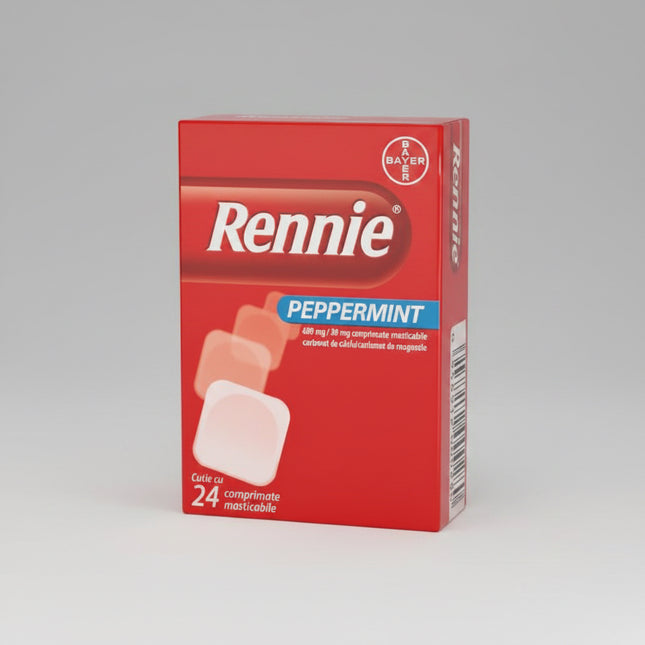Rennie® Peppermint is a fast-acting antacid designed to relieve heartburn, acid indigestion, and stomach discomfort caused by excess gastric acid. The chewable tablets work by neutralizing stomach acid, helping to quickly reduce burning sensations and discomfort in the chest and upper abdomen.