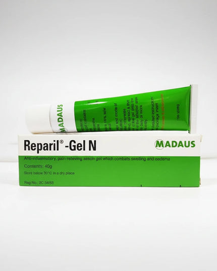 Reparil Gel N is a fast-absorbing topical gel formulated to help relieve pain, swelling, bruising, and inflammationassociated with injuries and soft-tissue strain. It combines aescin and diethylamine salicylate, two well-known active ingredients that work together to improve microcirculation, reduce edema, and ease discomfort.