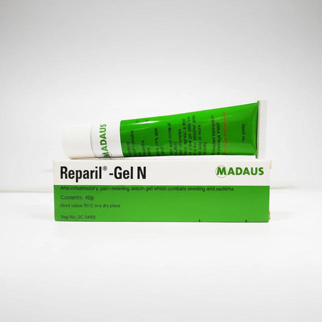 Reparil Gel N is a fast-absorbing topical gel formulated to help relieve pain, swelling, bruising, and inflammationassociated with injuries and soft-tissue strain. It combines aescin and diethylamine salicylate, two well-known active ingredients that work together to improve microcirculation, reduce edema, and ease discomfort.