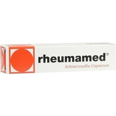 Box of rheumamed pain relief balm with red circle on white background